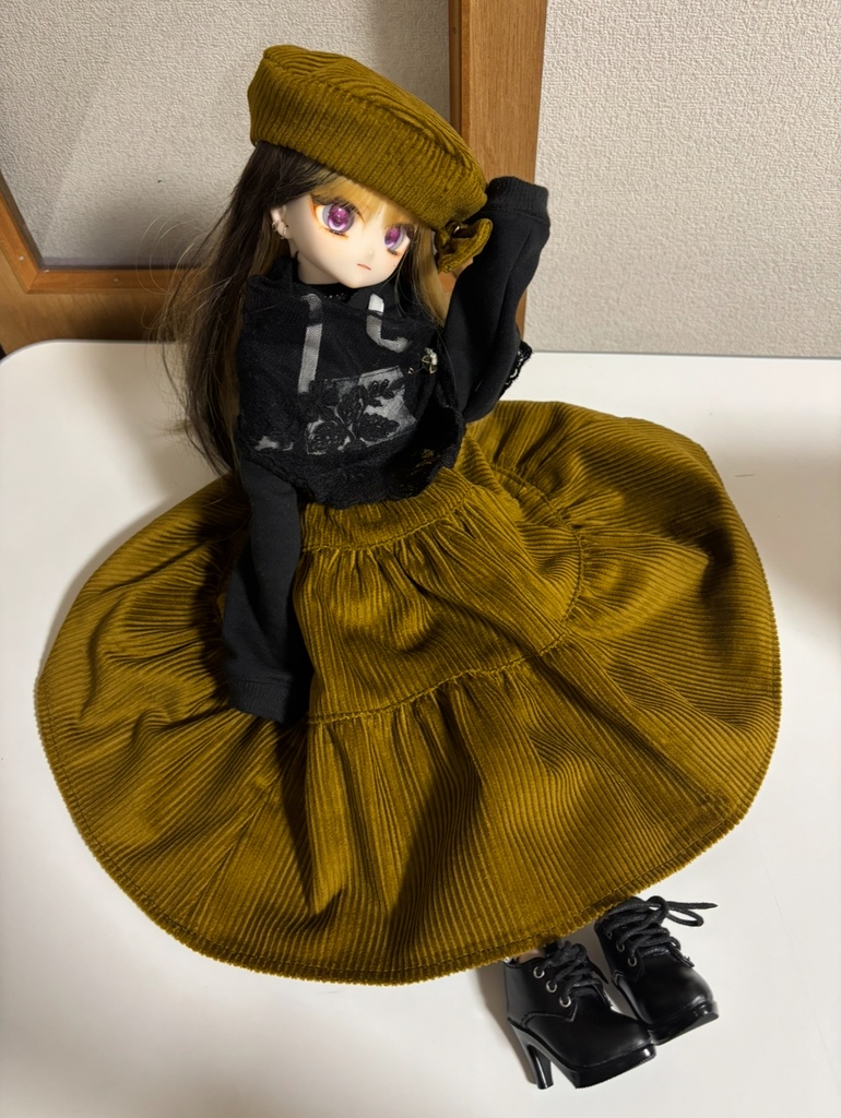 三段ティアードスカート+ベレー帽セット(カラシ)