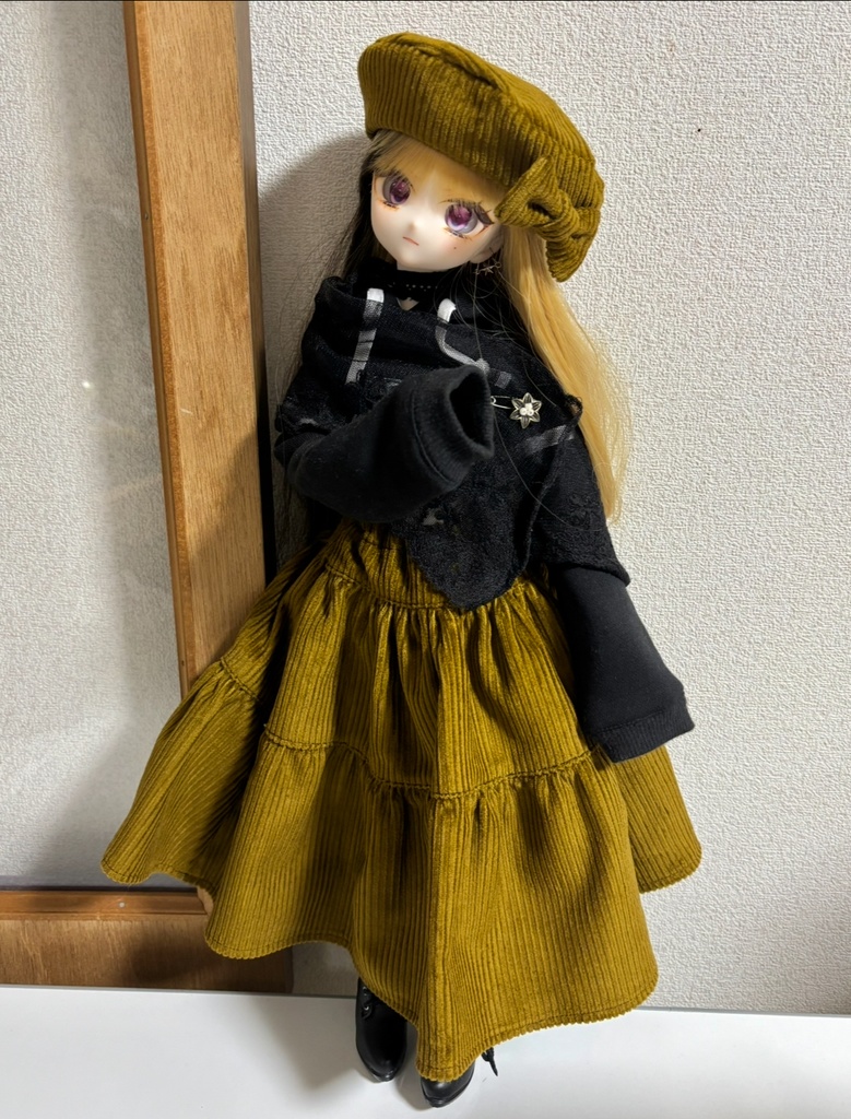 三段ティアードスカート＋ベレー帽セット(カラシ)