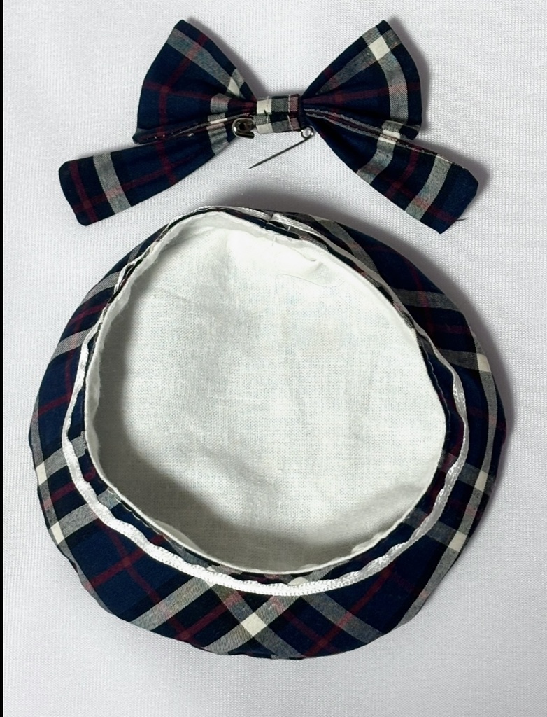 セーラーつけ襟つきチェックワンピース+ベレー帽セット(ブルー)