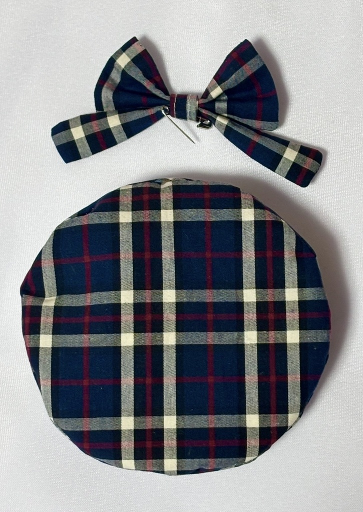 セーラーつけ襟つきチェックワンピース+ベレー帽セット(ブルー)