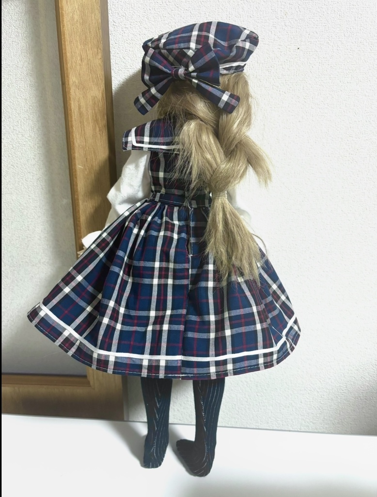 セーラーつけ襟つきチェックワンピース+ベレー帽セット(ブルー)