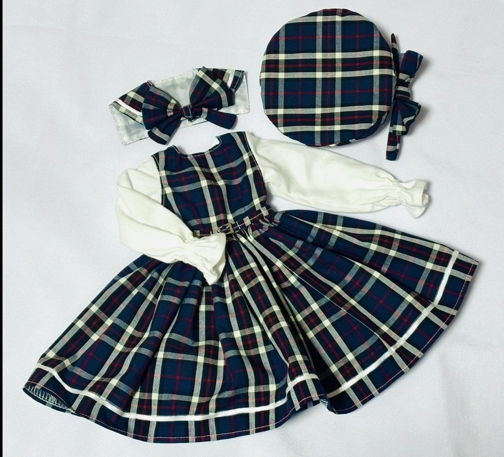 セーラーつけ襟つきチェックワンピース+ベレー帽セット(ブルー)