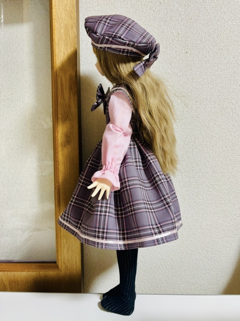 セーラーつけ襟つきチェックワンピース+ベレー帽セット(ピンク)