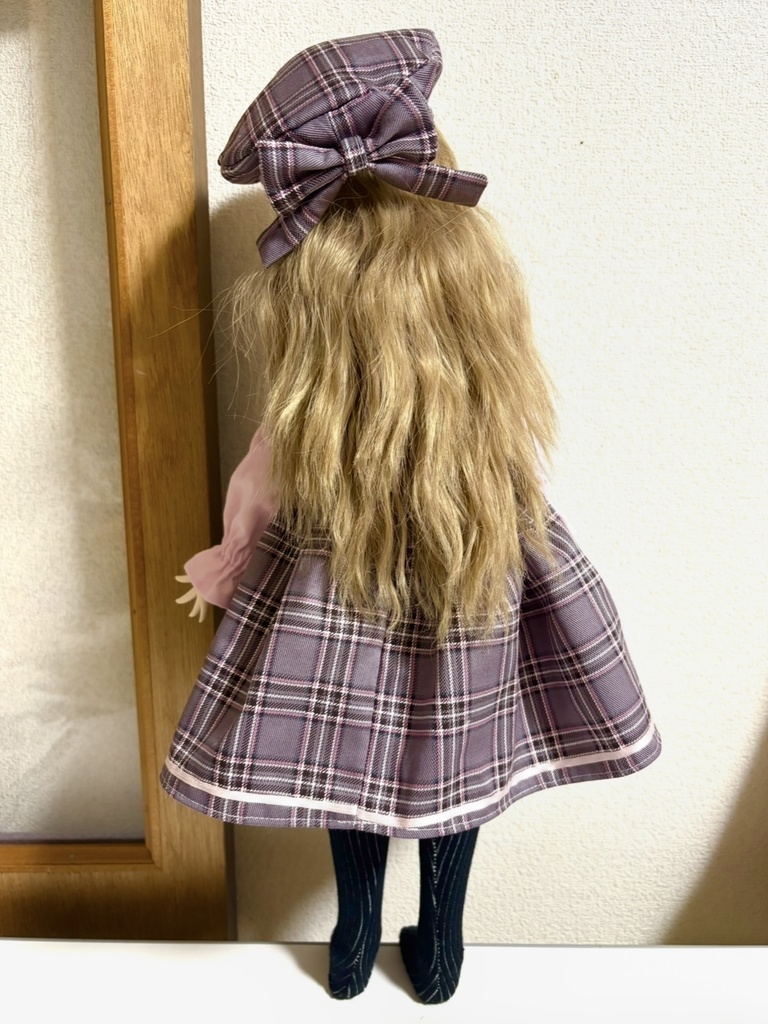 セーラーつけ襟つきチェックワンピース+ベレー帽セット(ピンク)