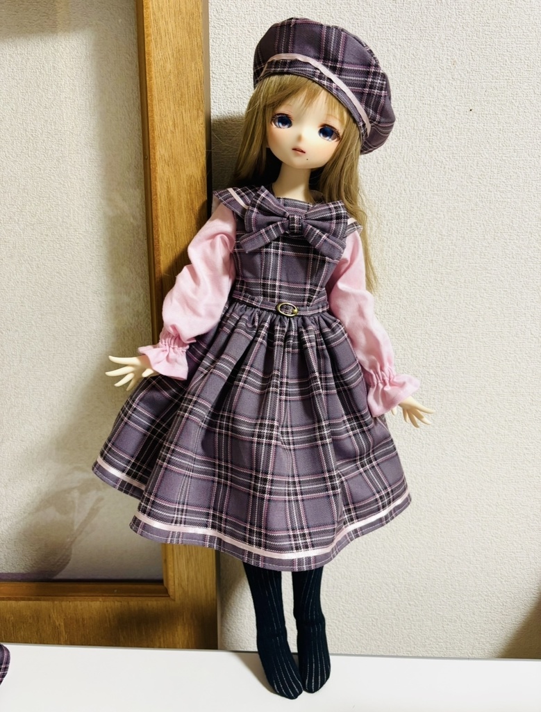 セーラーつけ襟つきチェックワンピース＋ベレー帽セット(ピンク)