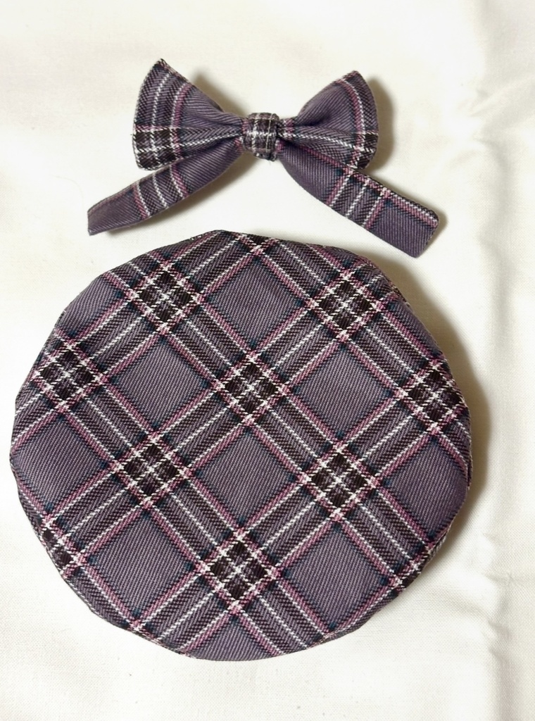 セーラーつけ襟つきチェックワンピース+ベレー帽セット(ピンク)