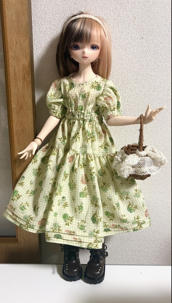 【B品】ウエストゴムワンピース＋ヘアバンドセット(グリーンチェック)