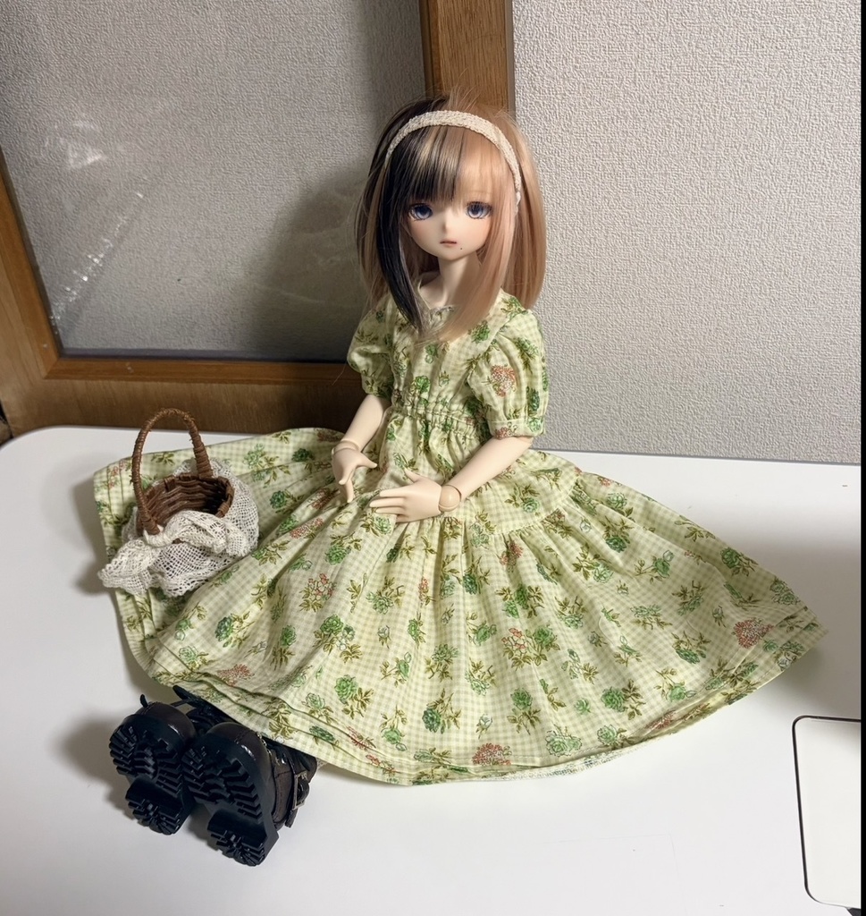 ウエストゴムワンピース＋ヘアバンドセット(グリーンチェック)