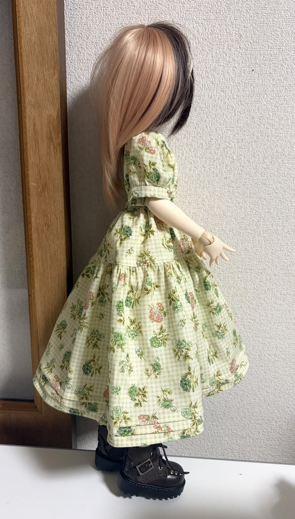ウエストゴムワンピース＋ヘアバンドセット(グリーンチェック)