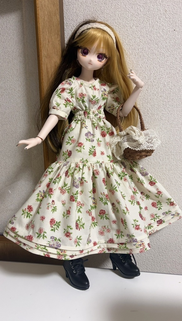 ウエストゴムワンピース＋ヘアバンドセット(赤バラ)