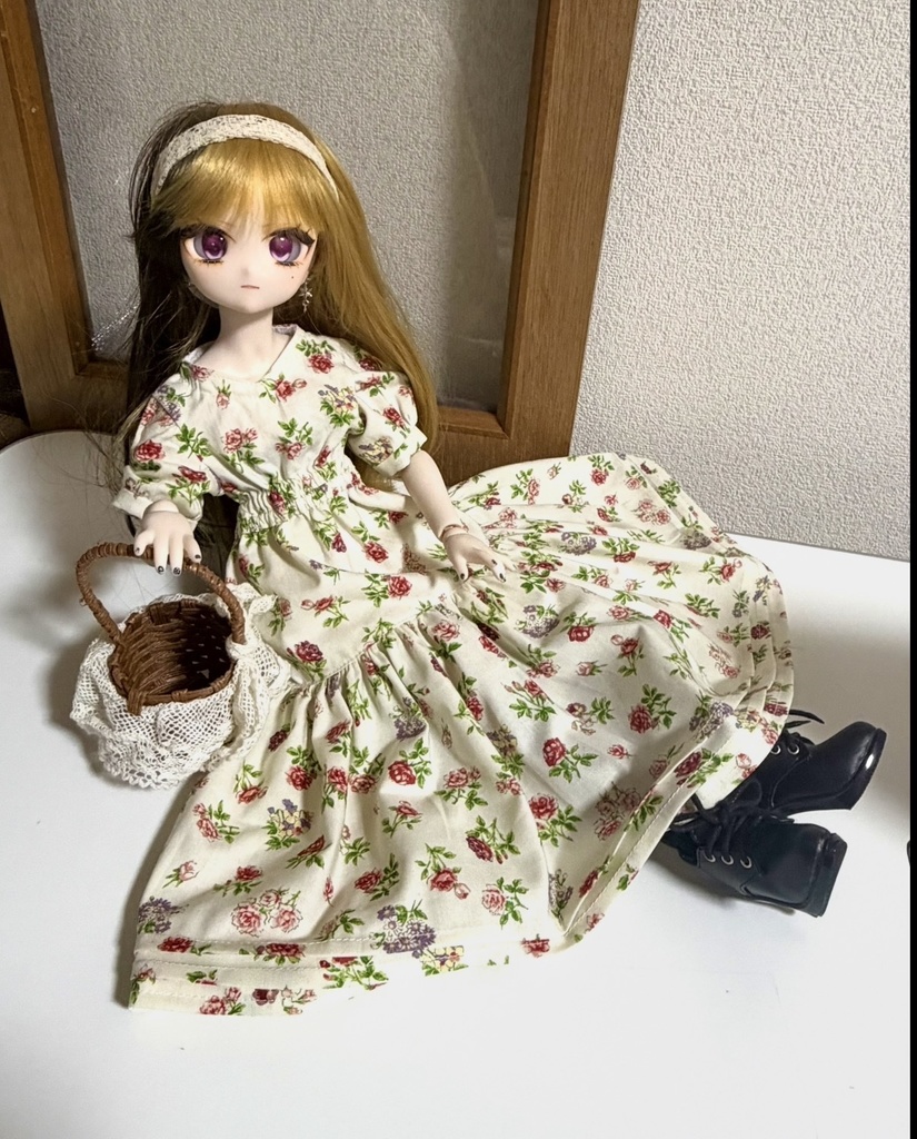 ウエストゴムワンピース+ヘアバンドセット(赤バラ)