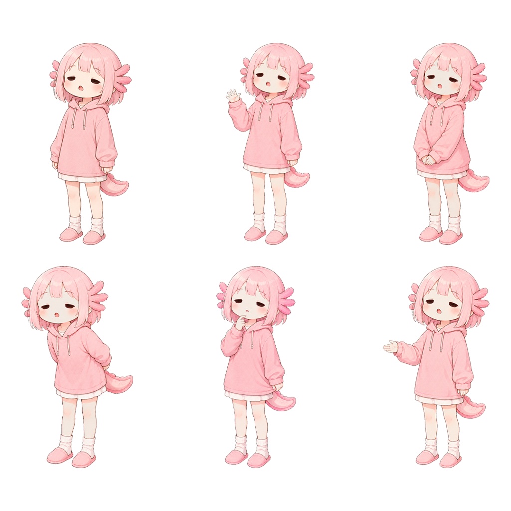 ピンクのウーパールーパー風の女の子 立ち絵素材|ポーズ差分6種