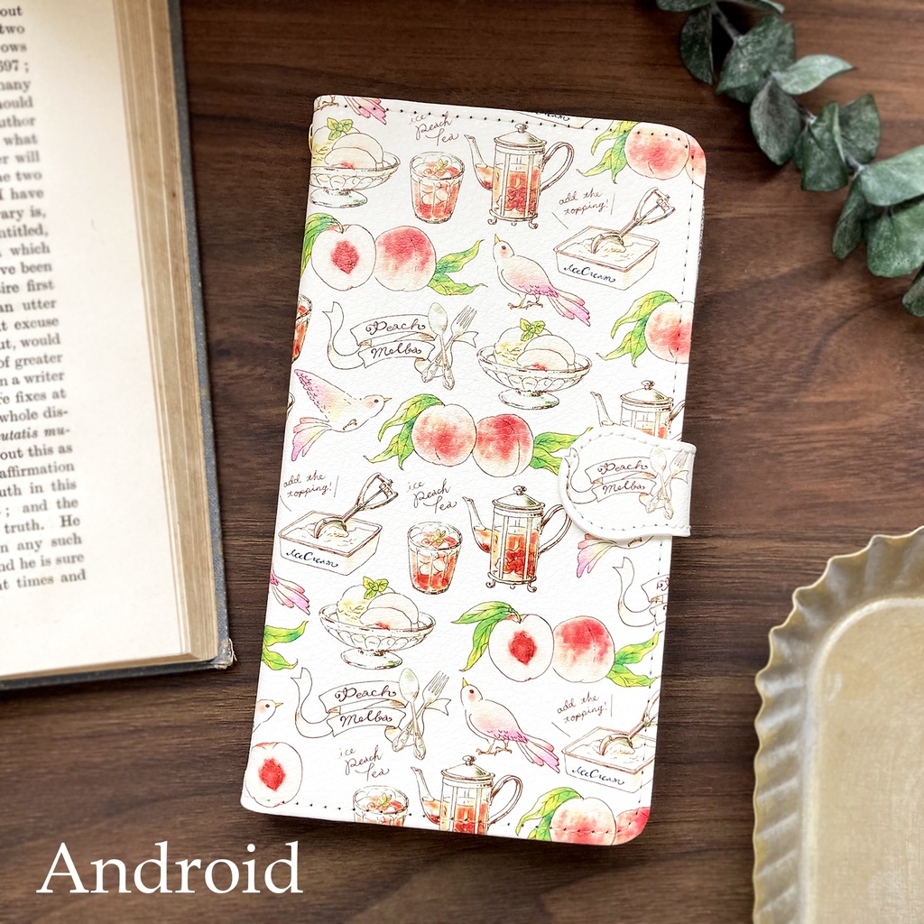 PeachMelba手帳型スマホケース(iPhone/Android全機種対応)桃と小鳥
