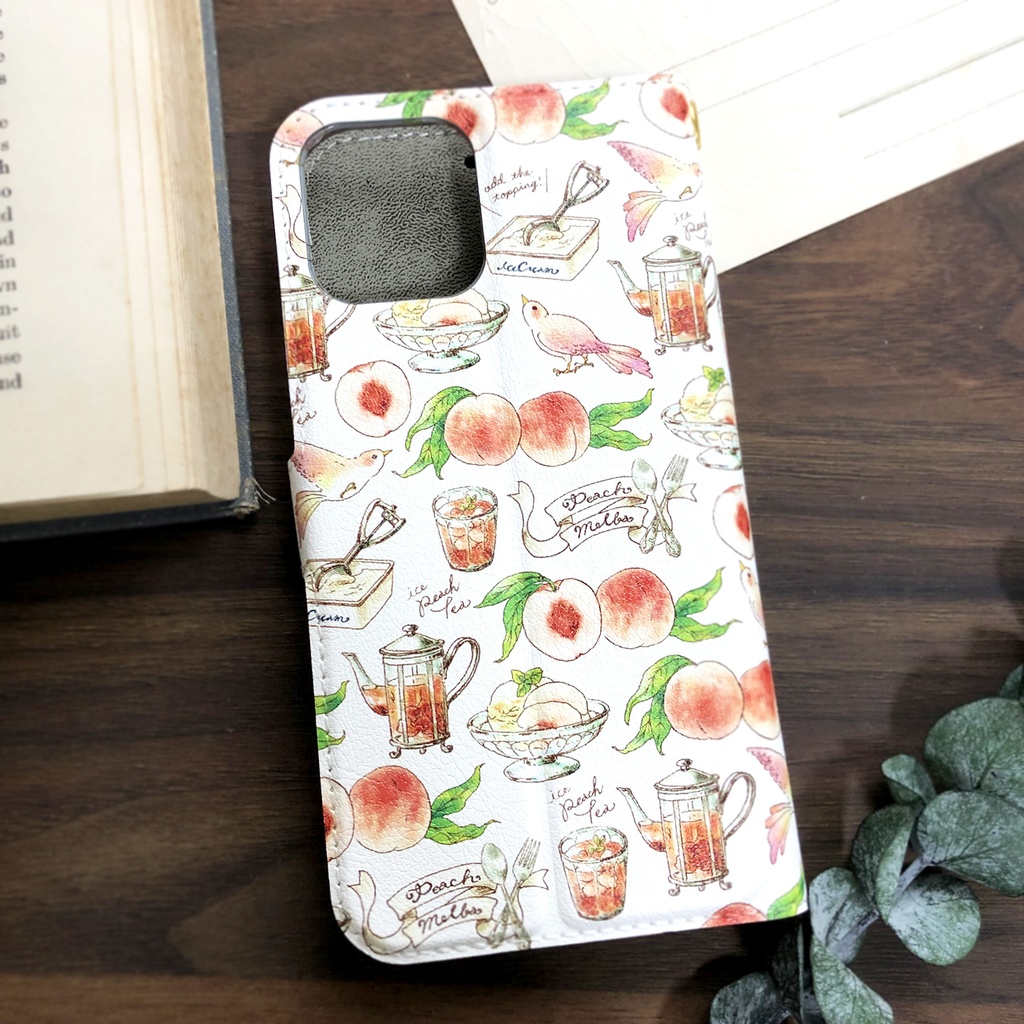 PeachMelba手帳型スマホケース(iPhone/Android全機種対応)桃と小鳥