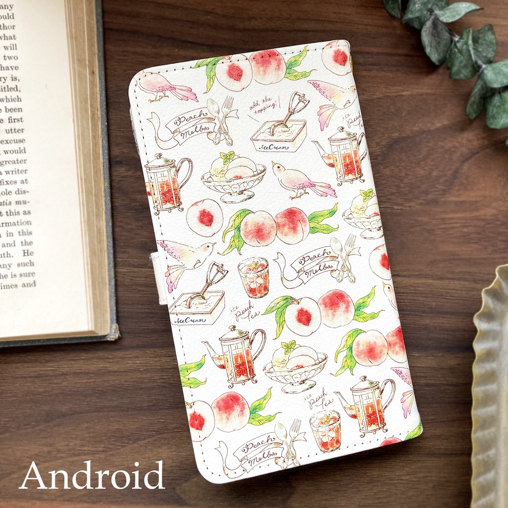 PeachMelba手帳型スマホケース(iPhone/Android全機種対応)桃と小鳥