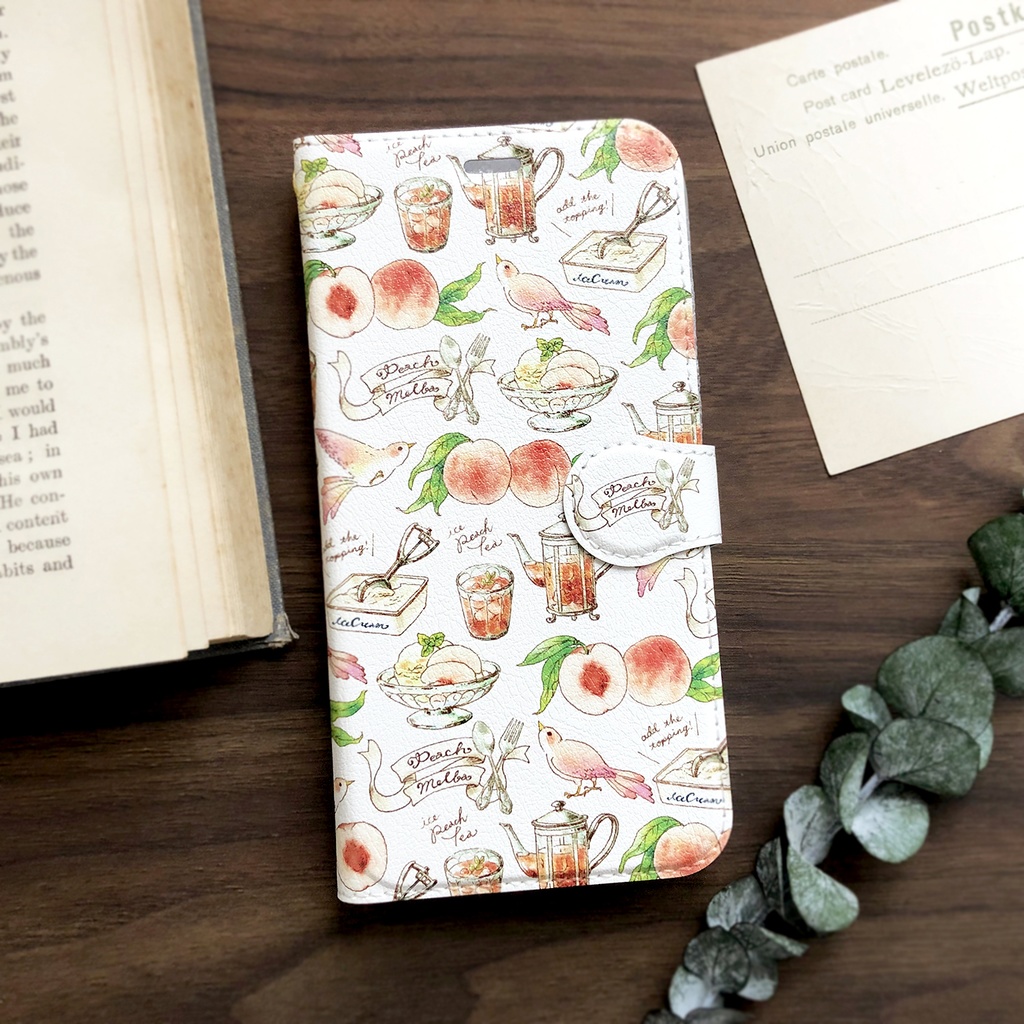 PeachMelba手帳型スマホケース（iPhone/Android全機種対応）桃と小鳥
