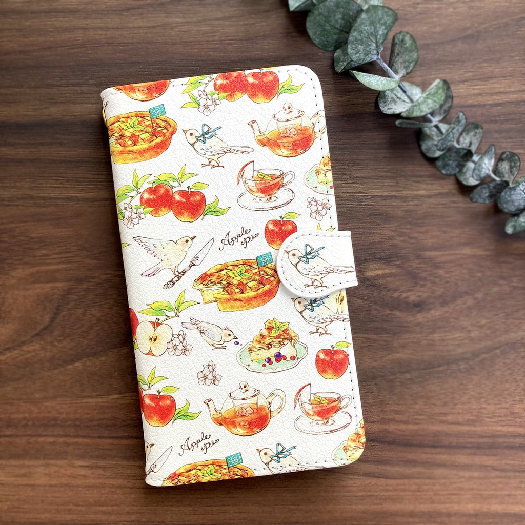 APPLE手帳型スマホケース(iPhone/Android全機種対応)秋のフルーツりんご&紅茶と小鳥とアップルパイ大人かわいい