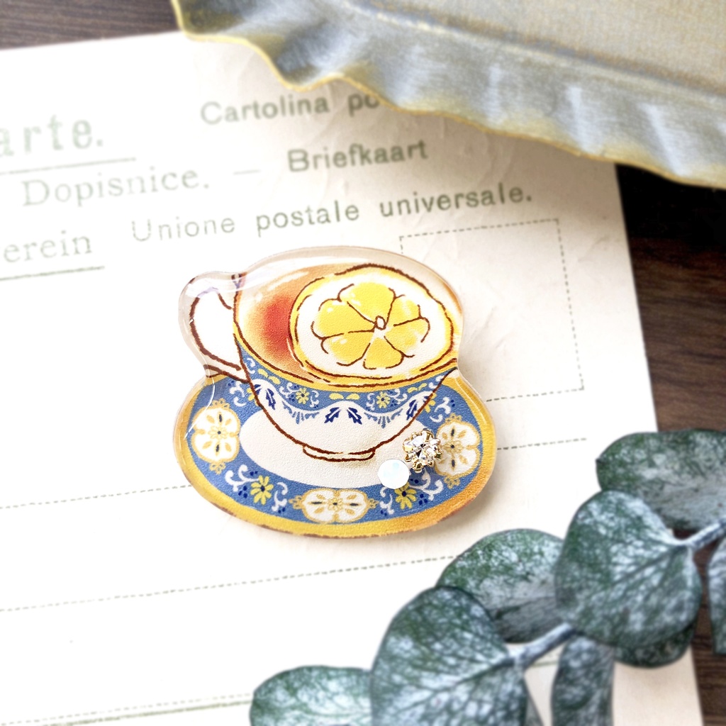 Teacup brooch -lemon-｜ティーカップブローチ 秋冬 紅茶 クリスマス