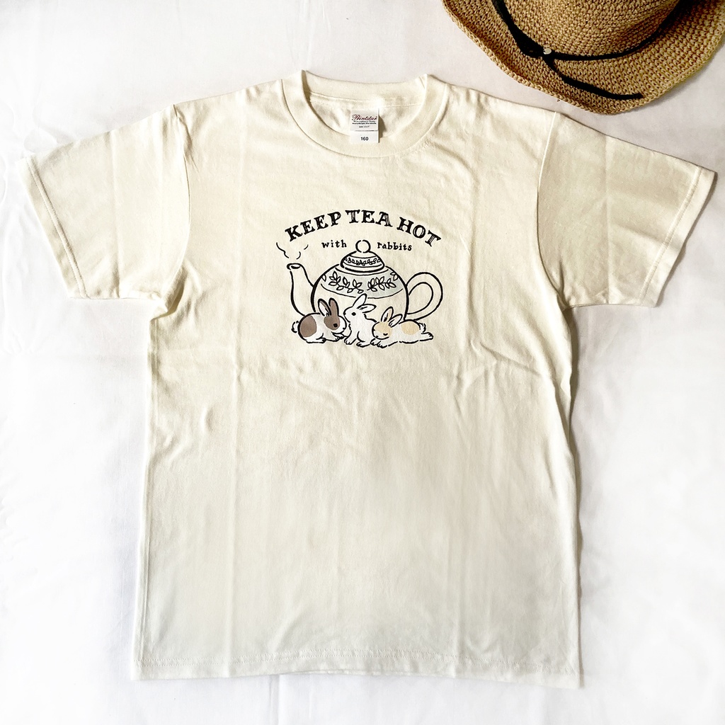 【7月中旬発送】Rabbit Tea Tシャツ(クリーム)|うさぎ〔動物シリーズ〕