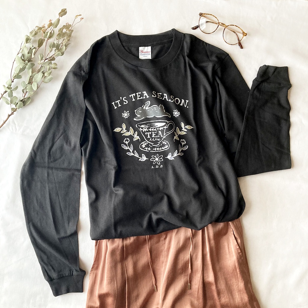 【10月下旬発送】RabbitTea ロンＴ（黒）｜うさぎティーカップ長袖Tシャツカットソー〔動物シリーズ〕