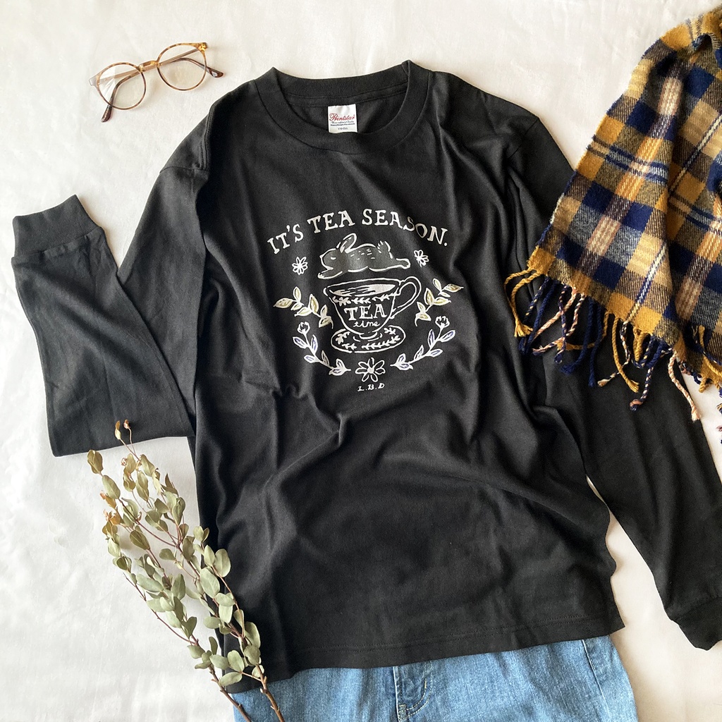 【12月上旬発送】RabbitTea ロンT(黒)|うさぎティーカップ長袖Tシャツカットソー〔動物シリーズ〕