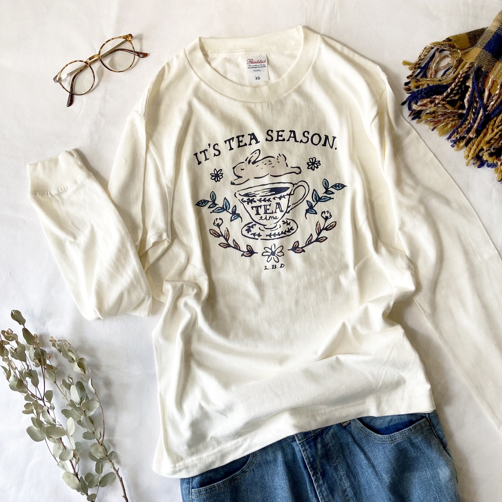 【12月上旬発送】RabbitTea ロンT(クリーム)|うさぎティーカップ長袖Tシャツカットソー〔動物シリーズ〕