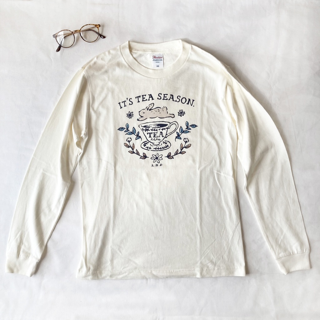 【12月上旬発送】RabbitTea ロンT(クリーム)|うさぎティーカップ長袖Tシャツカットソー〔動物シリーズ〕