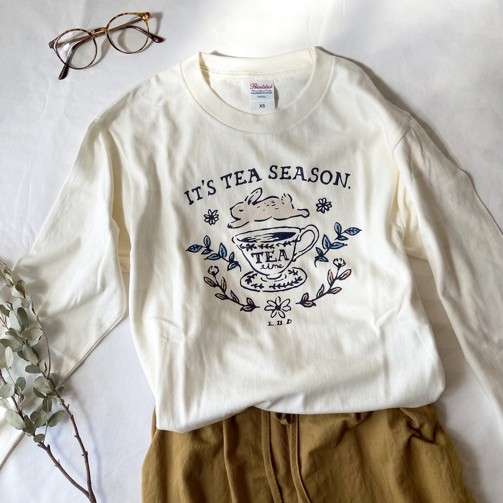 【12月上旬発送】RabbitTea ロンT(クリーム)|うさぎティーカップ長袖Tシャツカットソー〔動物シリーズ〕