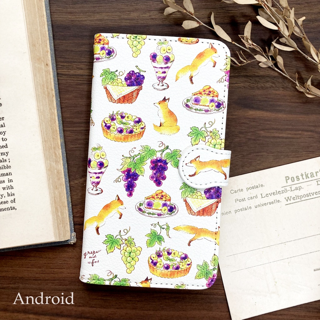 Grape&Fox手帳型スマホケース(iPhone/Android全機種対応)ぶどう&きつね