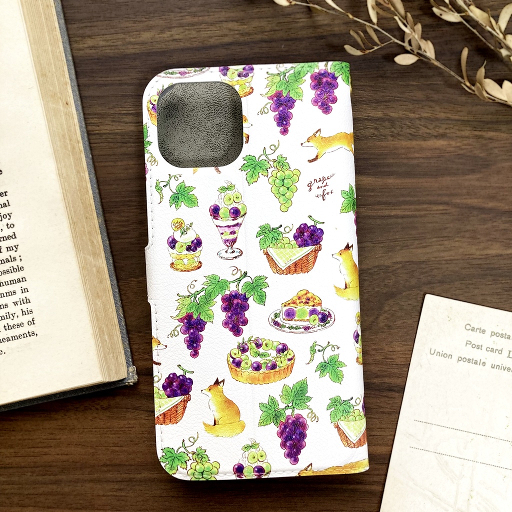 Grape&Fox手帳型スマホケース(iPhone/Android全機種対応)ぶどう&きつね