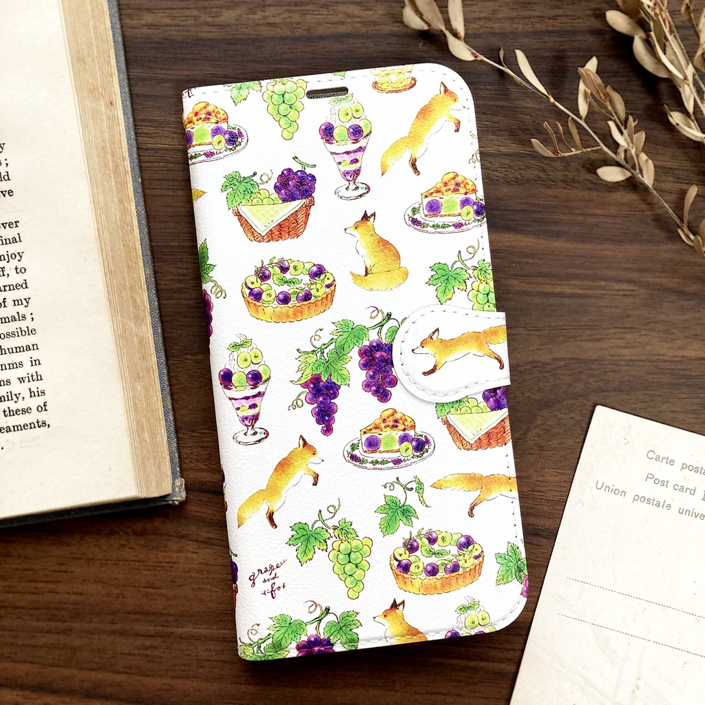 Grape&Fox手帳型スマホケース（iPhone/Android全機種対応）ぶどう＆きつね