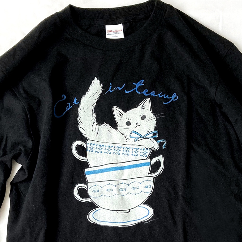 【11月中旬発送】猫ティーカップロンT(黒)|長袖Tシャツ