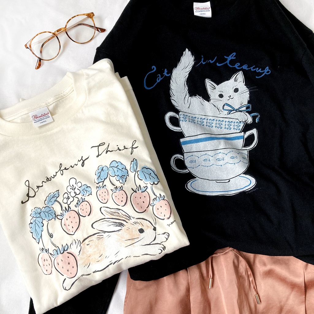【11月中旬発送】猫ティーカップロンT(黒)|長袖Tシャツ