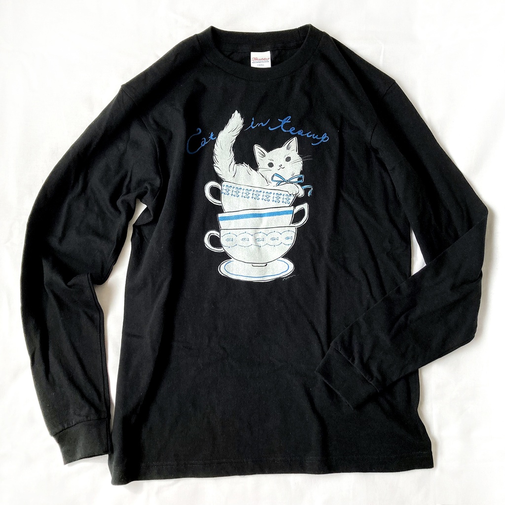 【11月中旬発送】猫ティーカップロンT(黒)|長袖Tシャツ