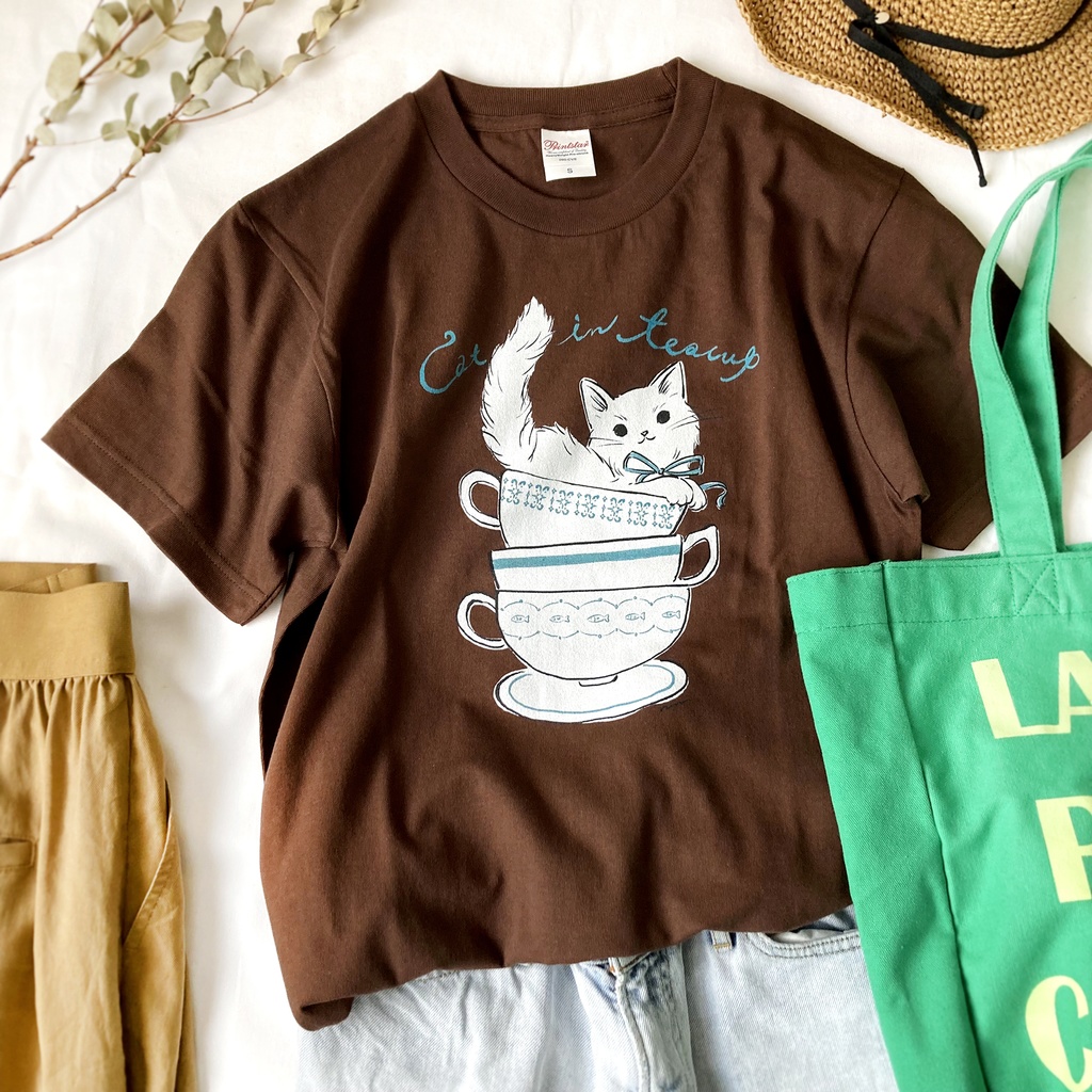 【7月中旬発送】猫ティーカップ Tシャツ(チョコ)|半袖〔動物シリーズ〕