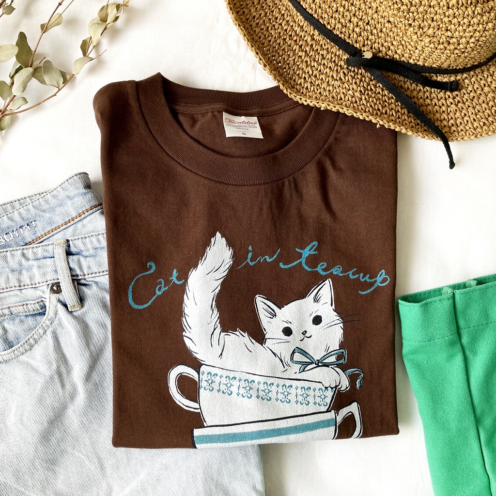 【7月中旬発送】猫ティーカップ Tシャツ(チョコ)|半袖〔動物シリーズ〕