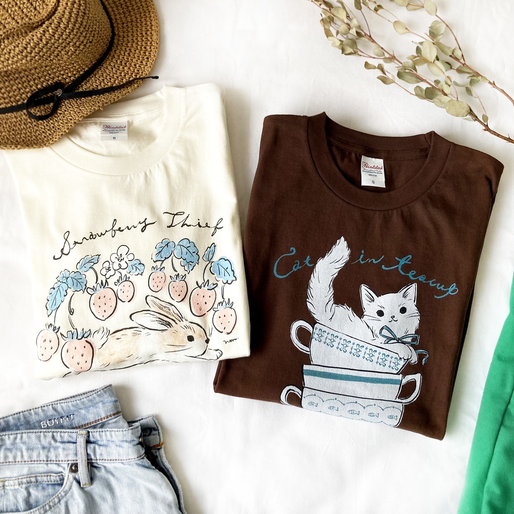 【7月中旬発送】猫ティーカップ Tシャツ(チョコ)|半袖〔動物シリーズ〕