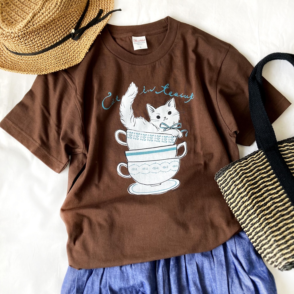 【7月中旬発送】猫ティーカップ Tシャツ(チョコ)|半袖〔動物シリーズ〕