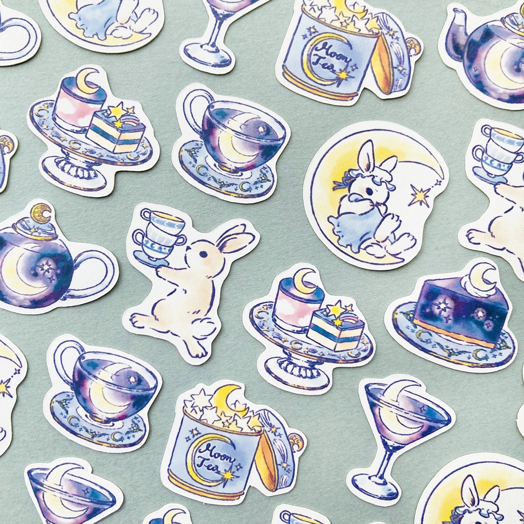 MoonTeaフレークシール｜夜空のお月様とうさぎ【32枚入】