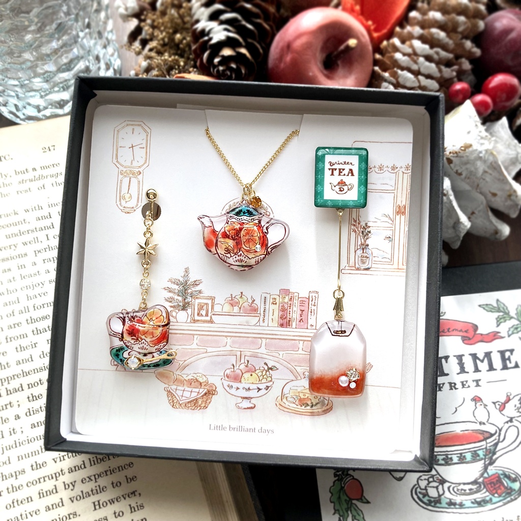 Teatime Christmas Coffret -OrangeTea-|クリスマスコフレ【オレンジティー】(ティーカップのイヤリング・ピアス&ネックレス)〔紅茶シリーズ〕