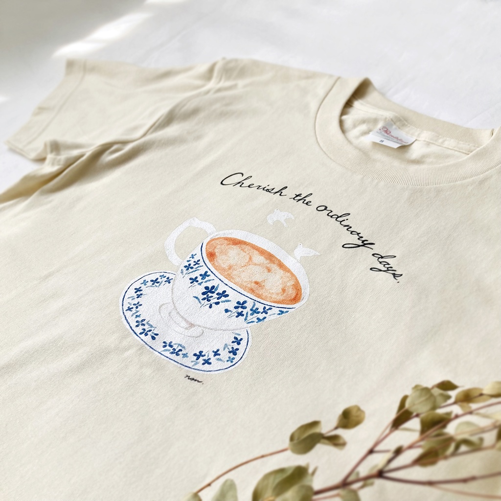 【5月下旬発送】鳥とティーカップTシャツ(ミルクティ)《Tea-shirt》|紅茶