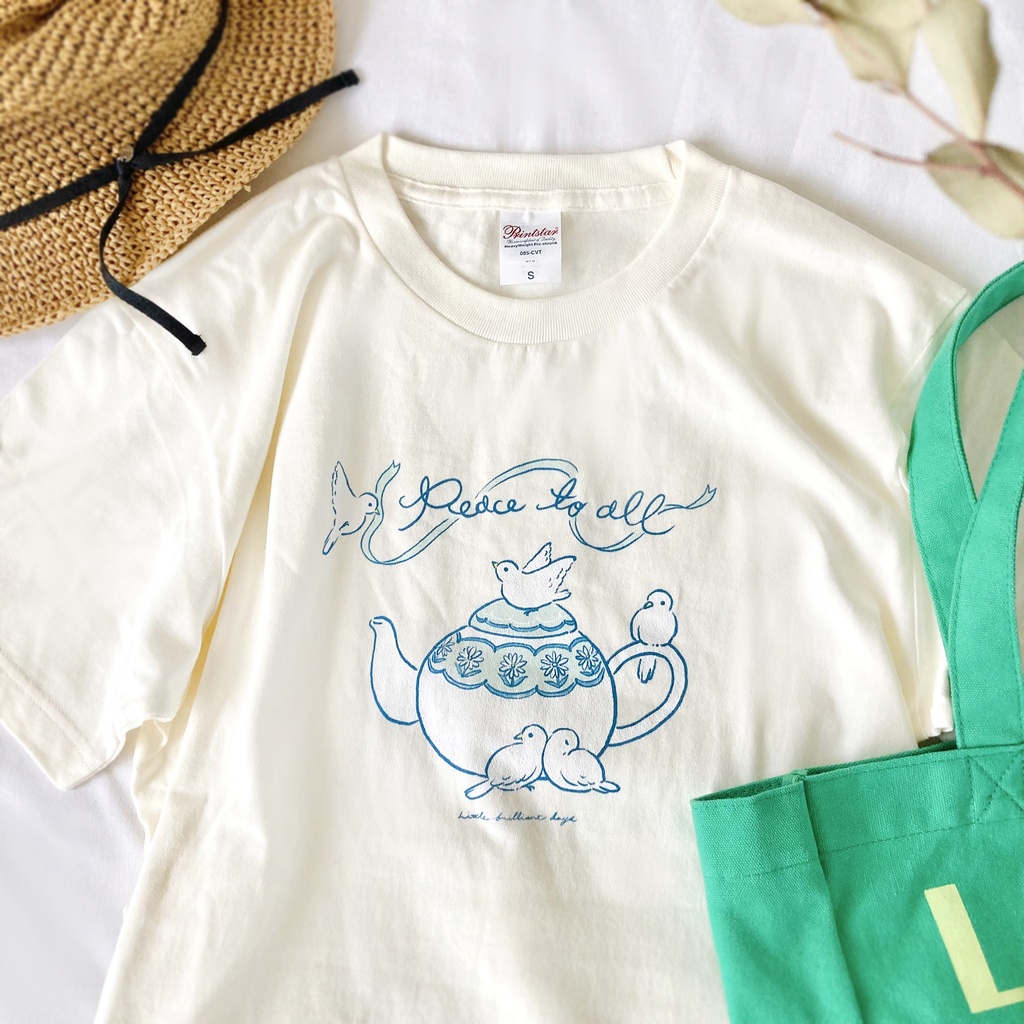 【8月下旬発送】小鳥とティーポットTシャツ(クリーム)