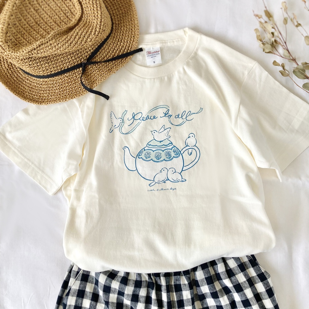 【8月下旬発送】小鳥とティーポットTシャツ(クリーム)