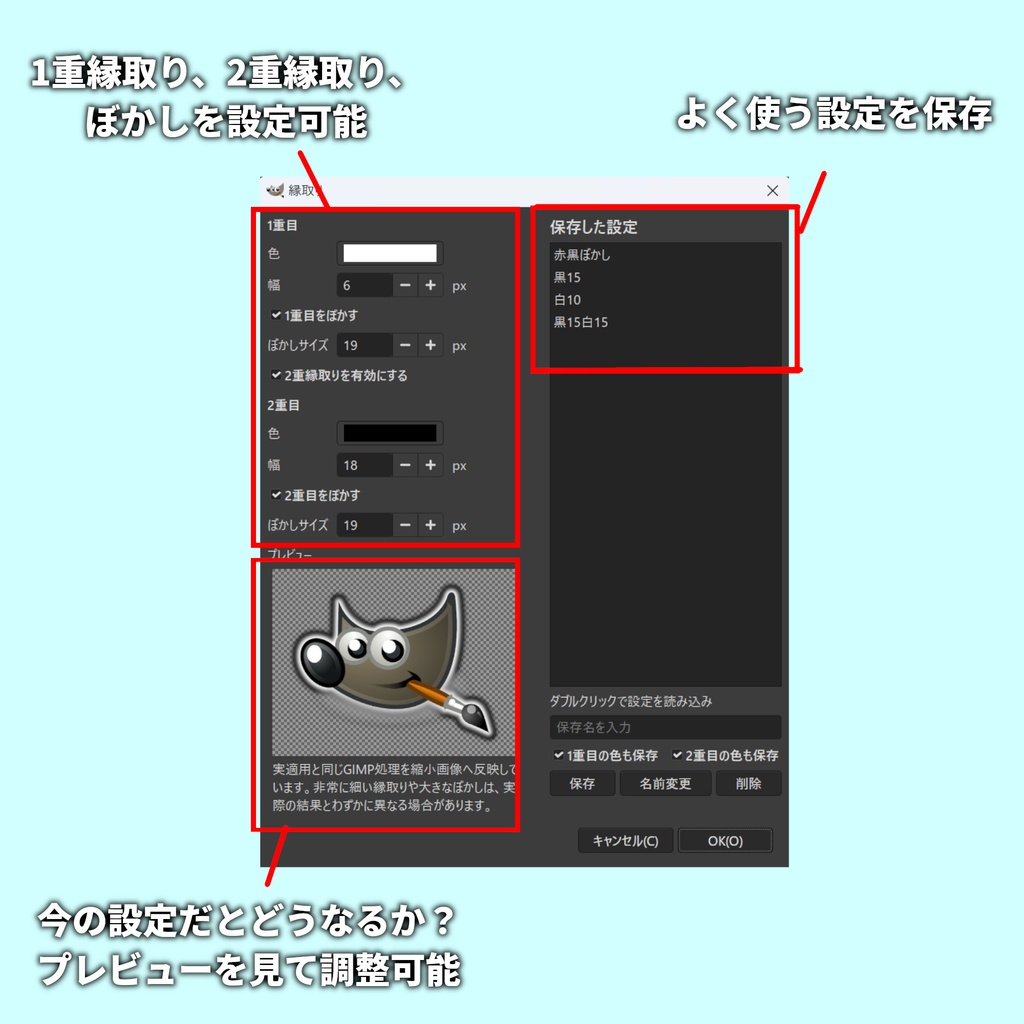 【GIMP 3】縁取りアシストプラグイン|文字も人物も1キーで二重縁取り