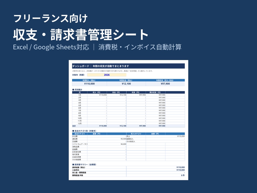 【Excel/Google Sheets対応】フリーランス向け収支・請求書管理シート|インボイス対応・自動計算