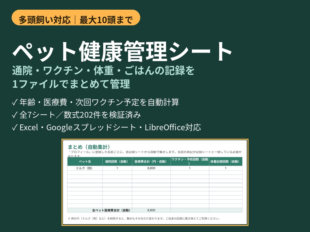 ペット健康管理シート|多頭飼い対応・通院/ワクチン/体重&医療費を自動集計