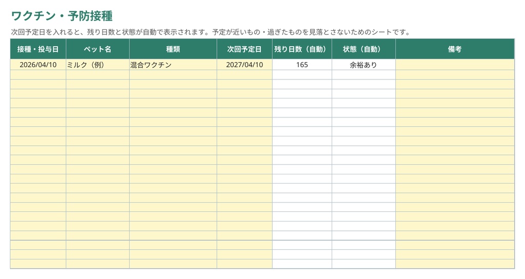ペット健康管理シート|多頭飼い対応・通院/ワクチン/体重&医療費を自動集計