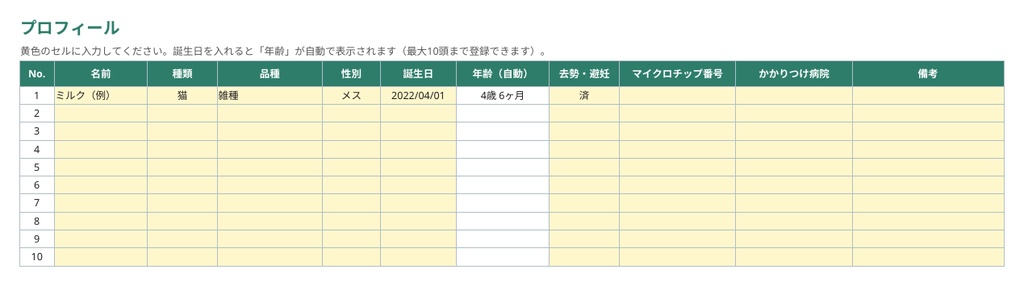 ペット健康管理シート|多頭飼い対応・通院/ワクチン/体重&医療費を自動集計