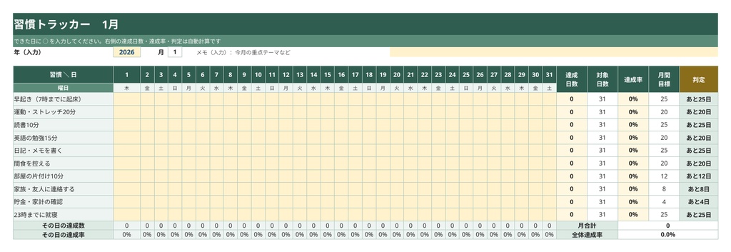 習慣トラッカー&目標管理シートExcel・スプレッドシート対応