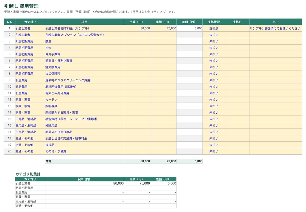 引越しチェックリスト&費用管理シート|時期別48項目・進捗と費用を自動集計